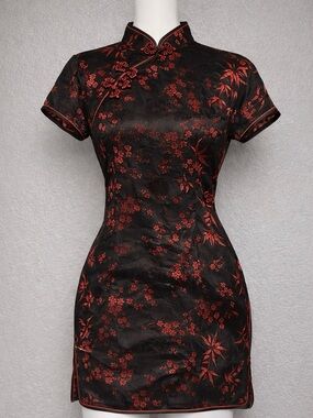 Kevin-T Silk Cheongsam Dress Black Red Floral Qipao Size M